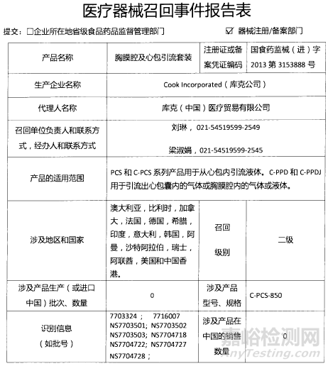 庫克公司對胸膜腔及心包引流套裝主動召回