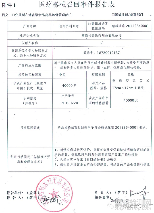 江西格美醫(yī)療用品有限公司召回79000只醫(yī)用口罩