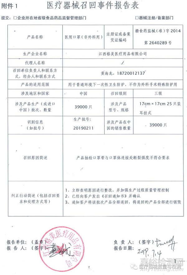 江西格美醫(yī)療用品有限公司召回79000只醫(yī)用口罩