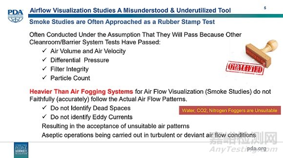 FDA：氣流流型測試，需評估煙霧無菌性，水、干冰、液氮均不適用